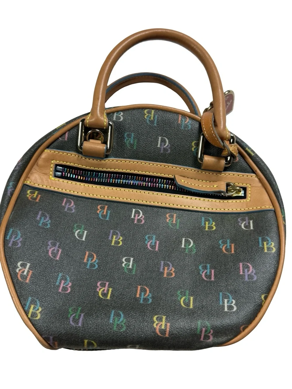 Dooney & Bourke DB Multicolor Monogram Round Satchel Leather Trim Bag Purse